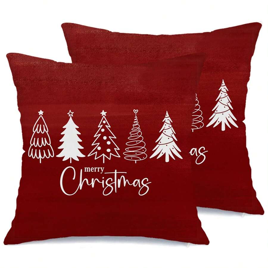 2PCS Christmas Pillowcase, Wine Red Background With White Line Christmas Tree Pattern, Decorative Cushion Cover, Winter Holiday Rustic Style Home Sofa And Bedroom Decor Pillowcase Single Side Without Pillow Core - Red - View 1