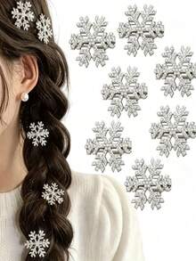 Christmas Snowflake Hair Clips, Rhinestone Pearl Alligator Barrettes, Holiday Hair Accessories For Women, Christmas Party Hair Styling - Silver - View 6