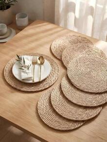 4/6pcs Set Woven Placemats, Round Rattan Placemats, Natural Handmade Water Hyacinth Placemats, Farmhouse Style Woven Placemats, Country Style Woven Willow Table Mats, Suitable For Dining Table, Home, Wedding - Primary Color - View 1