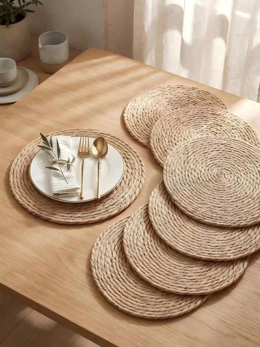 4/6pcs Set Woven Placemats, Round Rattan Placemats, Natural Handmade Water Hyacinth Placemats, Farmhouse Style Woven Placemats, Country Style Woven Willow Table Mats, Suitable For Dining Table, Home, Wedding - Primary Color - View 1