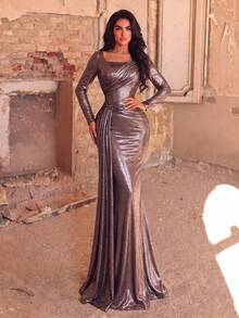 Elegantes langes Kleid für Damen, langärmeliger Strick-Meerjungfrau-Rock, quadratischer Ausschnitt, asymmetrisches Rüschen-Detail, hohe Elastizität, geeignet für Party und Hochzeit - Braun - Übersicht 3