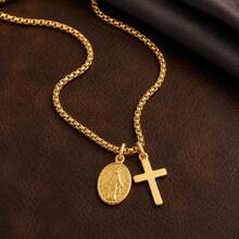 1pc Fashion Cross Oval Mary Mama Pendant Stainless Steel Chain Necklaces For Men - Cross - View 4