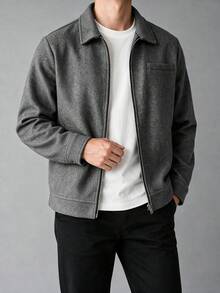 GloMan Old Money Style Men's Grey Wool Blend Zip-Up Jacket With Chest Patch Pocket, Warm For Autumn/Winter, Commuting And Gatherings, Gift For Husband/Father, Christmas/Halloween - Grey - View 1