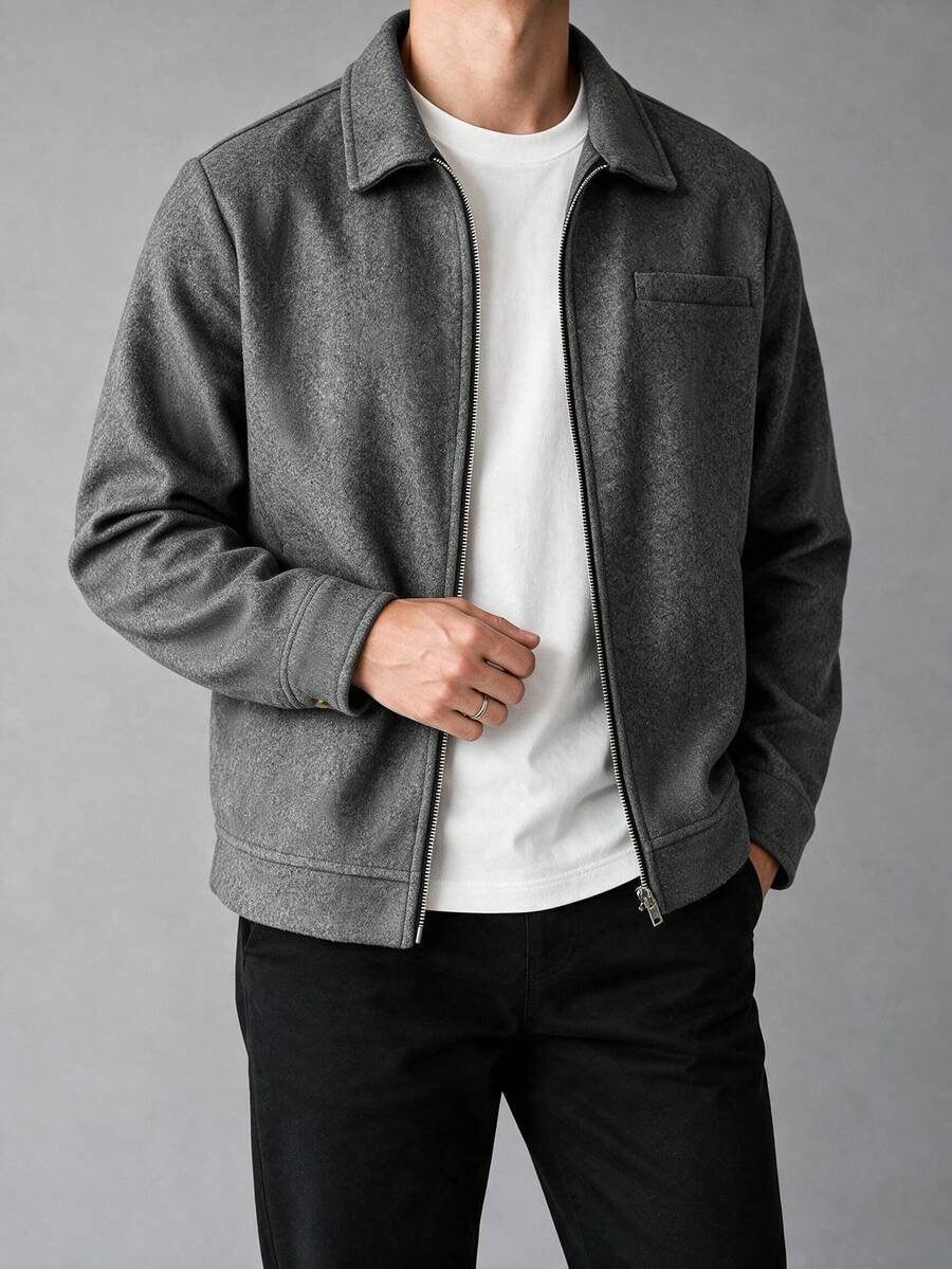 GloMan Old Money Style Men's Grey Wool Blend Zip-Up Jacket With Chest Patch Pocket, Warm For Autumn/Winter, Commuting And Gatherings, Gift For Husband/Father, Christmas/Halloween - Grey - View 1