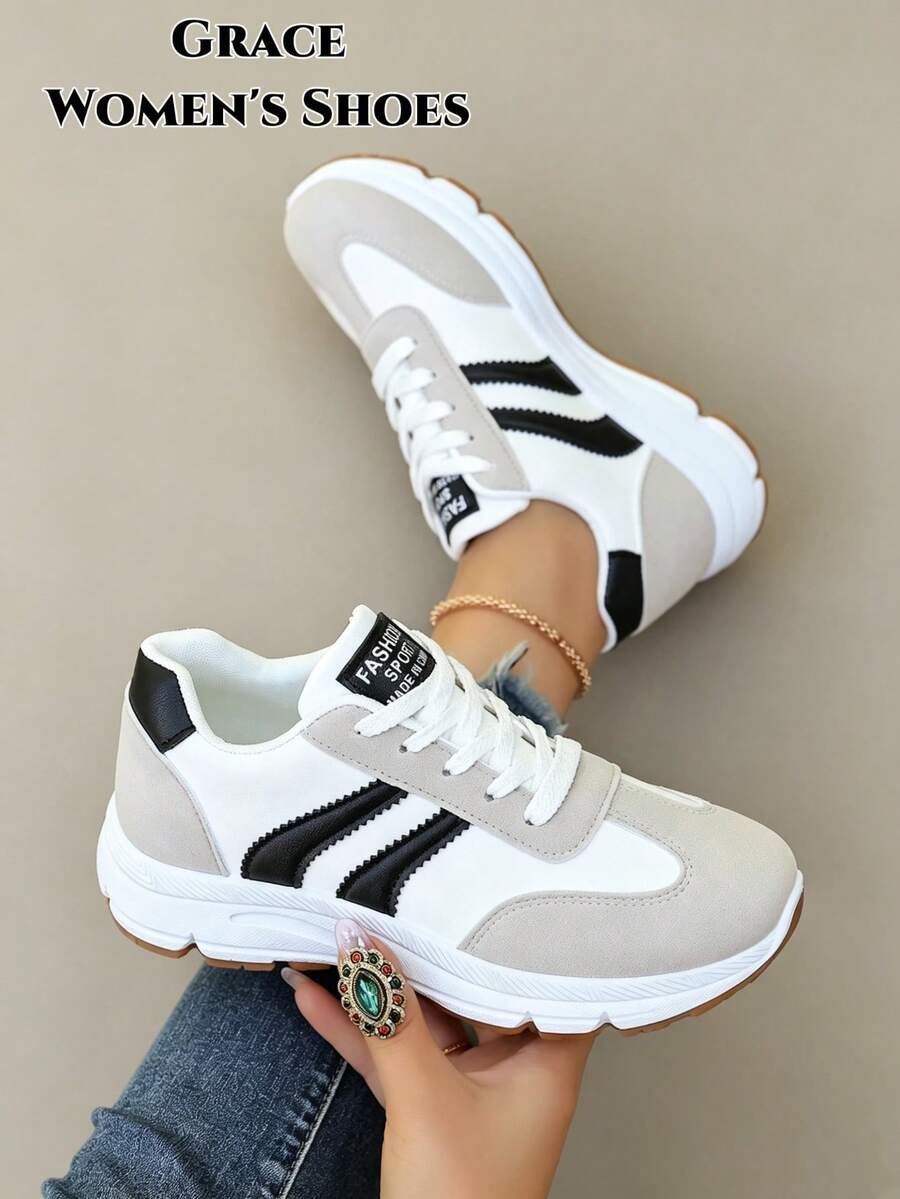 2026 New Women's Sports Shoes, Lightweight All-Season, Multi-Functional Athletic Style, Women's Lace-Up White Colorblock Shoes - Black - View 1