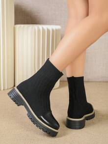 WTKMRSSTEP Round Toe Knitted Elastic Sock Boots For Women, Thick Sole, Minimalist Commuter Versatile Boots - Black - View 5