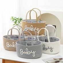 Letter Design Removable Lining Rope Woven Baby Storage Basket With Compartments, Diaper Caddy Organizer Dry Wet Separation For Nursery Bedroom Closet Organization - Multicolor - View 2
