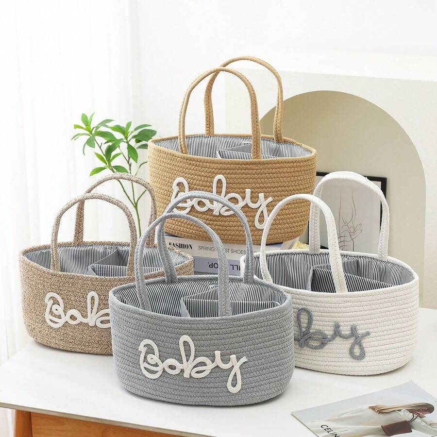 Letter Design Removable Lining Rope Woven Baby Storage Basket With Compartments, Diaper Caddy Organizer Dry Wet Separation For Nursery Bedroom Closet Organization