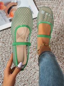 Square Toe Mesh Hollow-Out Elastic Strap Mary Jane Flat Breathable Thin Ballet Style Shoes - Green - View 1