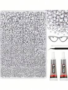 1000/12000pcs Silver Transparent 2-6mm 5 Sizes Mixed Rhinestone Set, Suitable For Handicrafts, Clothing, Shoes, Shirts, Jewelry Decoration, Shiny Flat Back Crystal Gemstones - Multicolor - View 11
