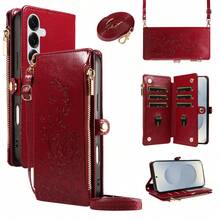 1pc Embossed Zipper Wallet Phone Case Made Of Artificial Leather, Compatible With Apple 18 Pro Max, A57, Note 15 PRO, Portable Crossbody Coin Purse Protective Shell (Global Version, Not Local Model) - Burgundy - View 2