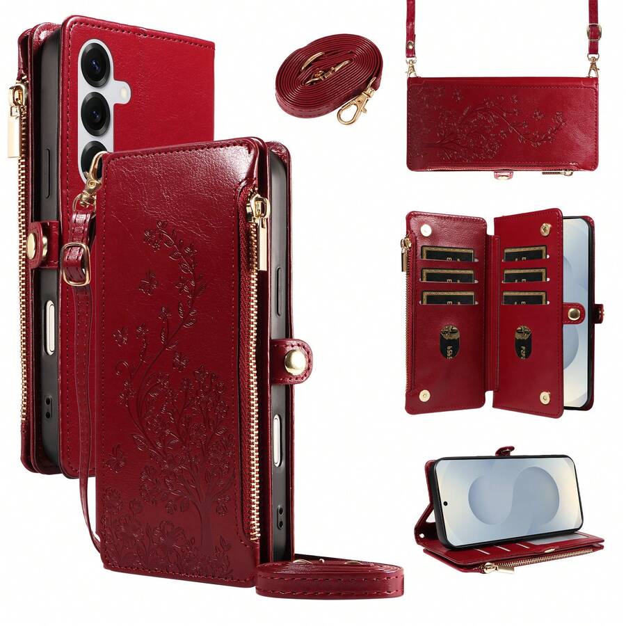 1pc Embossed Zipper Wallet Phone Case Made Of Artificial Leather, Compatible With Apple 18 Pro Max, A57, Note 15 PRO, Portable Crossbody Coin Purse Protective Shell (Global Version, Not Local Model)
