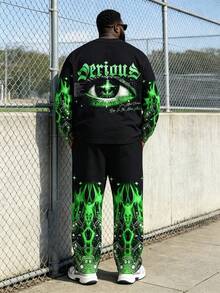 [2D Printed Pattern]Plus Size Men's 2 Pieces Set, Men's Wide Leg Pants, Long Sleeve Pattern T-Shirt, Streetwear "Green Flame Demon Eye Gothic English Faux Rhinestone Print" Pattern Set - Polyester Fabric, Drawstring, Pockets, Suitable For Plus Size - Black - View 6