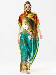 1pc Women's Faux Silk Printed Robe Shawl With Small Scarf Set, Decorative Outerwear For Beach, Sun Protection, Windproof, Daily Wear - S49362-lake Green - View 3