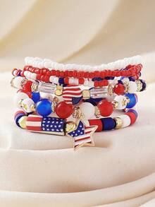 7pcs/Set American Independence Day Flag Color Star Pendant Beaded Multi-Layer Bracelet, Suitable For Women Daily Casual Holiday Memorial Party Wear, Gift For Her - Multicolor - View 4