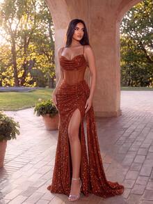 ADYCE Elegant Spaghetti Strap Sequin Patchwork Fishbone High Waist High Slit Backless Lace-Up Train Long Evening Gown, Suitable For Prom, Formal Dinner - Burnt Orange - View 5