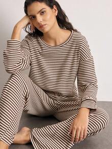 Ocili Striped Print Drop Shoulder Lounge Top PJ Set Sleep Pants - Khaki - View 28