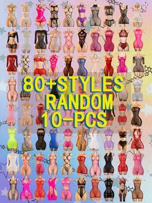 10pcs Random, Random Colors - Women'S Sexy, Multi-Style Mesh, Openwork, Mesh, Figure-Hugging Bodysuits, Fishnet Bodysuits, Stockings, Bodysuits, Adult New Arrivals, Shiny, Bodycon Dresses - Multicolor - View 6