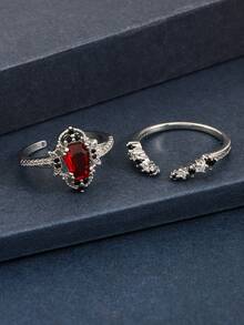 2pcs Gothic White Gold Plated Red Cubic Zirconia Open Ring Set, Gothic Style Combined With Dark Elements, Unisex Suitable For Halloween, Easter And Matching Gothic Style Clothing - Silver - View 9