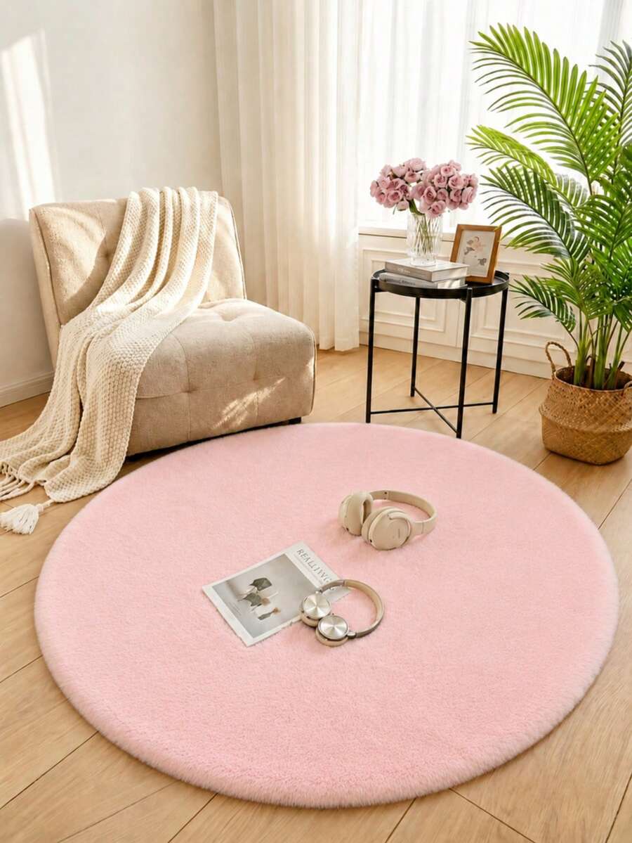 1pc Round Pink Faux Rabbit Fur Rug, Bedroom Bedside Carpet, Decorative Rug, Can Be Used As Seat Cushion, Room Bed Front Mat, Bed End Mat, Plush Foot Mat, Indoor Faux Rabbit Fur Floor Mat, Fleece Rug, Furry Carpet, Autumn/Winter Rug, Thickened/Plush, Holiday Decor, Winter Foot Mat, Warm And Soft - Pink - View 1