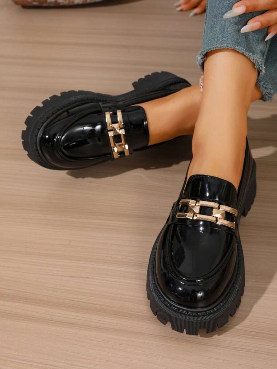 Women's Thick Sole Loafers, Chunky Heel Round Toe Slip-On Loafers, Casual Retro Elegant Easy-To-Wear - Black - View 1