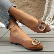 Women's Light Luxury Rhinestone Metal Buckle Low Vamp Brown Breathable Elastic Fabric Pointed Toe Flat Slip-On Shoes, Soft & Bouncy Lining, Comfortable, Elegant Decor, Suitable For Daily Commute, Shopping, Dating, Atmospheric Elegant - Brown - View 1