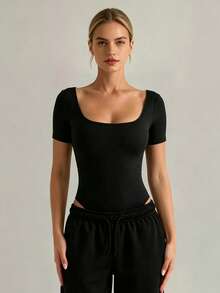 XLLAIS High Elasticity Square Neck Short Sleeve Black Jumpsuit, Athletic Casual Tight Fit Sports Summer - Black - View 2