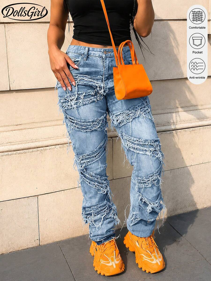 Y2K 90s Street Slant Pocket High Stretchy Distressed Raw Frayed Unique Tassel Design Patchwork Hip Hop Jeans - Blue - View 1