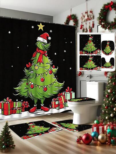 1/4pcs Christmas Green Christmas Tree Christmas Gift Shower Curtain Set, With 12 Hooks Waterproof Polyester Shower Curtain, Bathroom Curtain, Privacy, Thickened, Durable Quick Dry, 180*180cm Size, Christmas Bathroom Decor