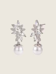 Valisandre 2pcs Set Elegant Floral Design White Zirconia Earrings - Silver - View 3