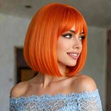 12 Inch Orange Short Straight Wig With Bangs For Women, High Temperature Fiber, High Density, Soft Smooth Voluminous, Suitable For Daily, Holiday, Music Festival, Christmas Party, Halloween, All Women - Orange - View 7