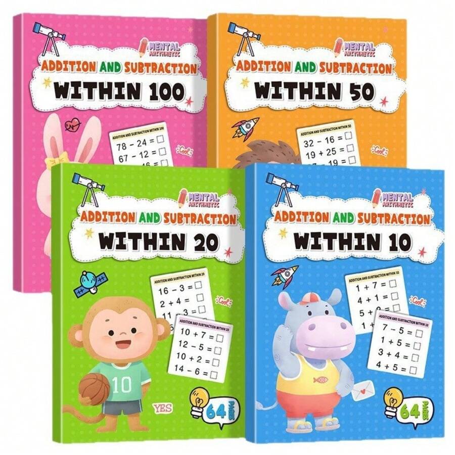 1Book Addition And Subtraction Math Workbook Set, Within 10/20/50/100, Kids Mental Arithmetic Practice Books For Early Math Learning - Multicolor - View 1