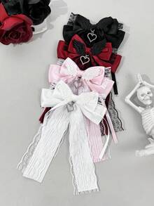 1pc Gothic Lolita Style Bow Hair Clip With Angel Wings Design, Heart Rhinestone Pendant, Long Lace Draping Ribbon, Girly Aesthetic Accessory For Anime Convention, Outing, Photo Shoot, Back Of Head Hair Ornament - Multicolor - View 3