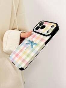 1pc New Fashion Colorful Plaid Dragonfly Pattern Shockproof Large Window Vertical Texture Faux Leather Soft Phone Case, Daily Protection Essential, Style, Perfect Gift For Friends, Family, Etc., For IPhone18/18PRO/18PROMAX/17/17Air/17Pro/17ProMax/IPhone16/16Plus/16Pro/16ProMax/IPhone15/14/13/12/11series - Multicolor - View 5