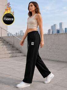 Women High Waist Thermal Lined Wide Leg Sweatpants Drawstring Casual Pants With Pockets Relaxed Fit For Everyday Wear. - Black - View 4