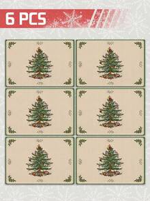 1/4p/6pcs Christmas Table Decor Placemats With Pine Tree Elements, Heat Resistant Faux Linen Polyester Fiber Material, Rectangular Washable Table Mats, Suitable For Home Dinner, Coffee Table, Durable Kitchen And Dining Room Decoration, Party And Scene Decor, Home Decor - Multicolor - View 22