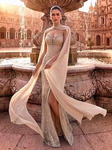 Women's Elegant Charming Romantic Formal Evening Gown, Backless Strapless Beaded Mesh Sequin Slit Cocktail Party Gala Graduation Long Dress - Beige - View 5