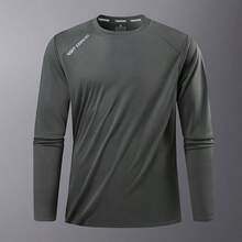 Men's Long Sleeve T-Shirt, Outdoor Running Fitness Wear, Dark Gray Letter Print Sports Base Layer - Grey - View 2