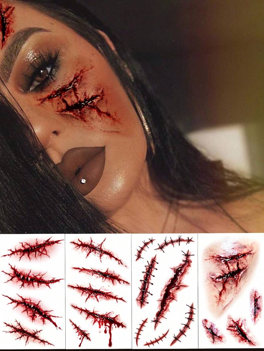 4 أوراق وشم زومبي مزيف للهالوين، ملصقات وجه دموية بغرز مزيفة، وشم وجه ...