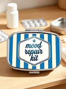 2D Flat Printing, Vintage Yellow And White Striped Creative Mood Slogan Pattern Square Small Pillbox, Two-Compartment Portable Storage Case, Pocket-Sized Container For Small Items, Accessories, Medicine, And Vitamins, Only Empty Bag - Multicolor - View 3