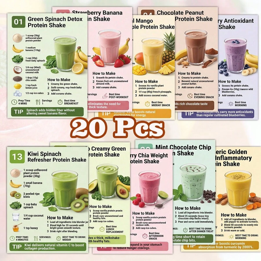 20 Milkshake & Smoothie Recipe Cards - Includes 20 Flavor Chart Step-By-Step Guide, Suitable For Home Kitchen, Beginners, Birthday Gifts, Summer Desserts, Christmas Gifts, Paper Recipe Cards With Flavor Illustrations - 20 Milkshake and Smoothie Recipe Cards - View 1
