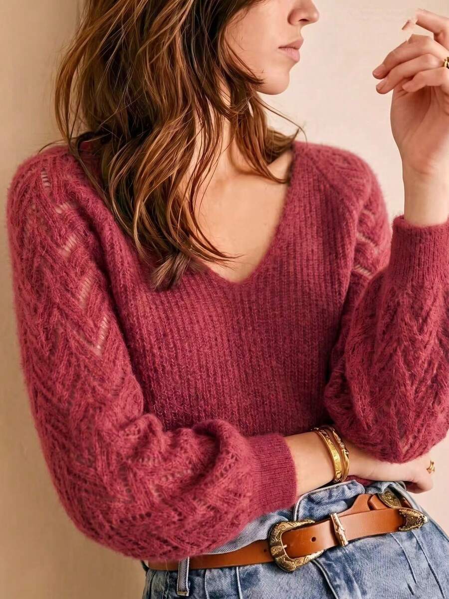 Women's Rouge Mohair V-Neck Knit Pullover Sweater, French Elegant Soft Fluffy Hollow Semi-Sheer Design, Solid Color Loose Fit Versatile Top - Rouge - View 1
