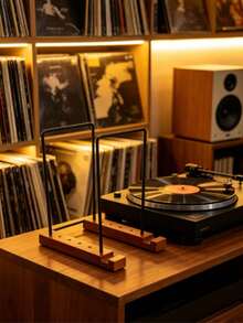 Desktop Vinyl Record Storage Rack, Iron & Wood Combination Album Display Stand With Adjustable Dividers, Small Bookshelf - Brown - View 3