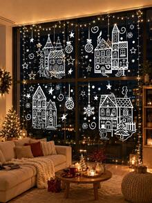 4 Sheets/78 Pieces Christmas Winter House Window Stickers - Cartoon Snowflake & Village Decoration, Reusable PVC Static Cling Stickers, Easy To Apply And Remove, Suitable For Glass Doors, Home, Cafe, Mall Holiday Decor, Festive Home Decoration - White - View 5