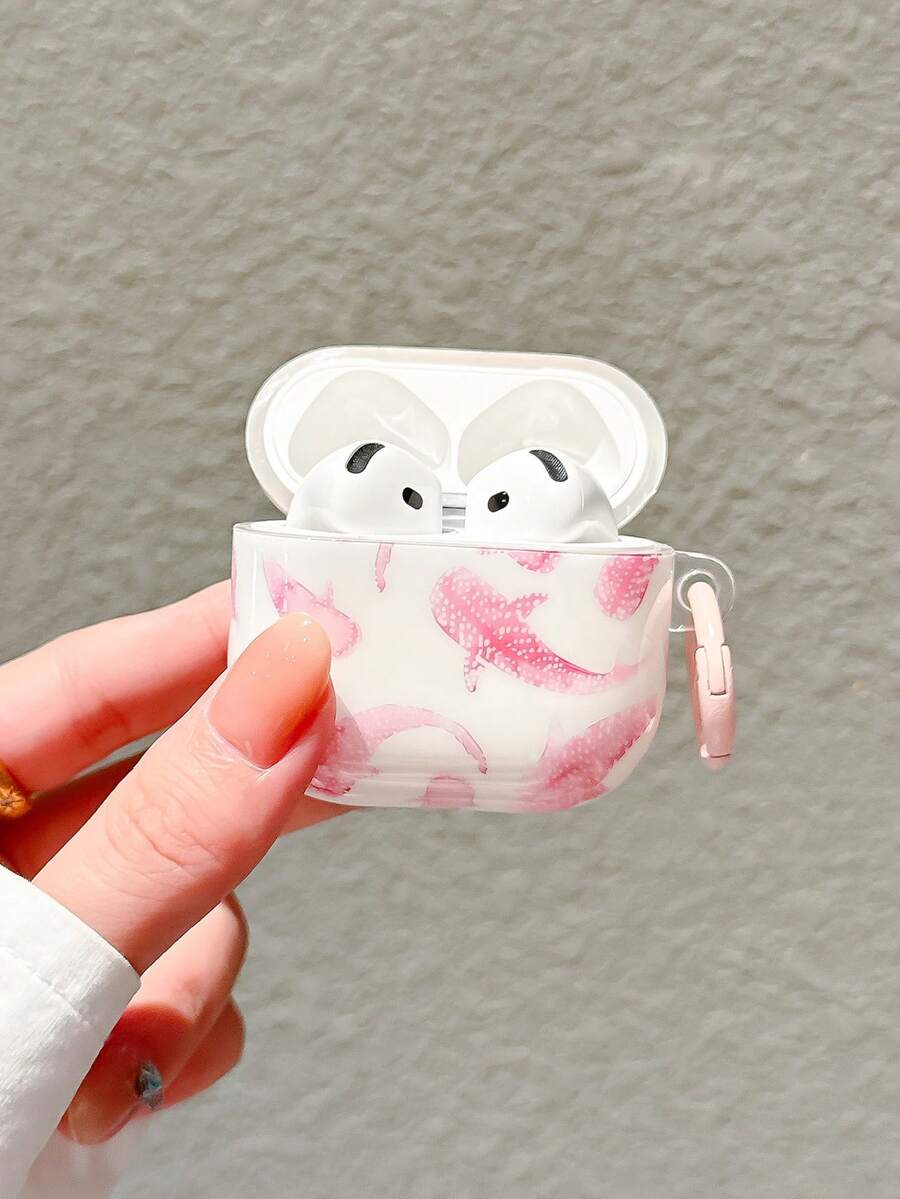 Watercolor Pink Whale Shark Earphone Case With Keychain Ring Compatible With AirPods 4/ 3/ Pro/ 1/2 - Pink Watercolor Whale Shark - View 1