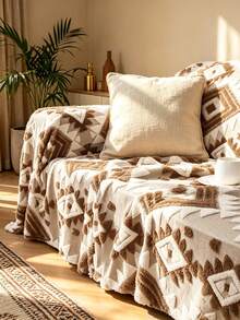 1pc Geometric Pattern Sofa Cover, Bohemian Style Soft Velvet Rectangular 3D Jacquard Full Sofa Slipcover Suitable For Living Room, Homestay, Home Use, All Seasons, Back To School, School Supplies, Dorm Decor, College Decor - Khaki - View 9