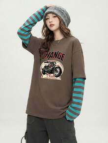 JUTU Women's Autumn/Winter Round Neck Loose Letter Print Striped 2-In-1 Long Sleeve T-Shirt, American Retro Casual Daily Commute Top - Brown - View 3