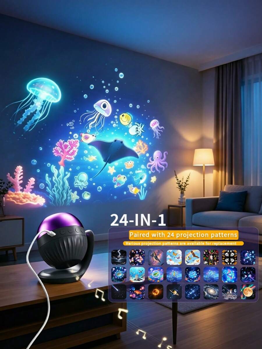 24 Projection Patterns Dynamic Rotation Timer Function Sleep Music Type-C Charging Purple Black Starry Sky Ocean Projector Light Bedroom Party Holiday Home Indoor Decoration Atmosphere Night Light