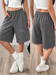 1pc Tween Girls High Street Cool Style Comfortable Star Line Decor Casual Mid-Length Loose Straight Leg Pants, Daily Home & Commute Casual Streetwear - Dark Grey - View 8