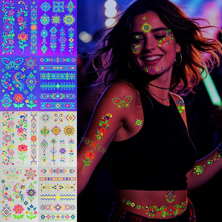 4 Sheets Neon & Glow In The Dark Floral Temporary Tattoos, Neon Fluorescent Butterfly Waterproof Tattoo Stickers, Luminous Body Tattoos For Music Festival, Rave, Party, Night Out - Multicolor - View 1